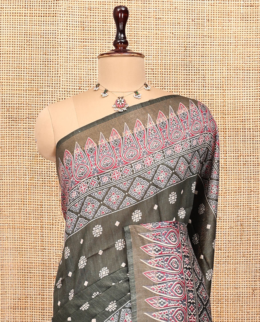 Black Tussar Silk Saree, Adorned with Buttas, Artfully Designed Ajrakh Printed Border, a Pallu of Ajrakh Print, and a Contrast Blouse
