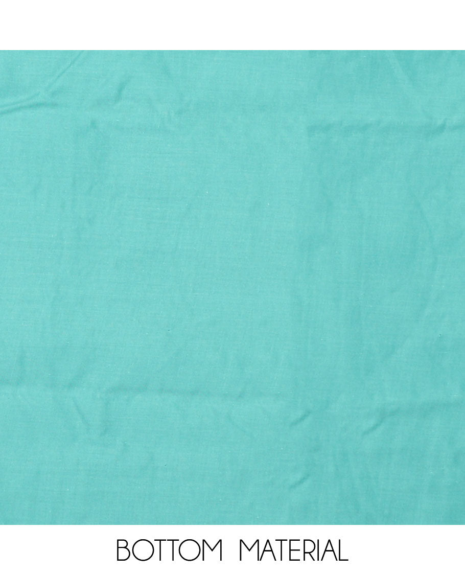 Blue material chudidar set, floral silhouette print and neck embroidered top, plain bottom, and floral jaal embroidered dupatta