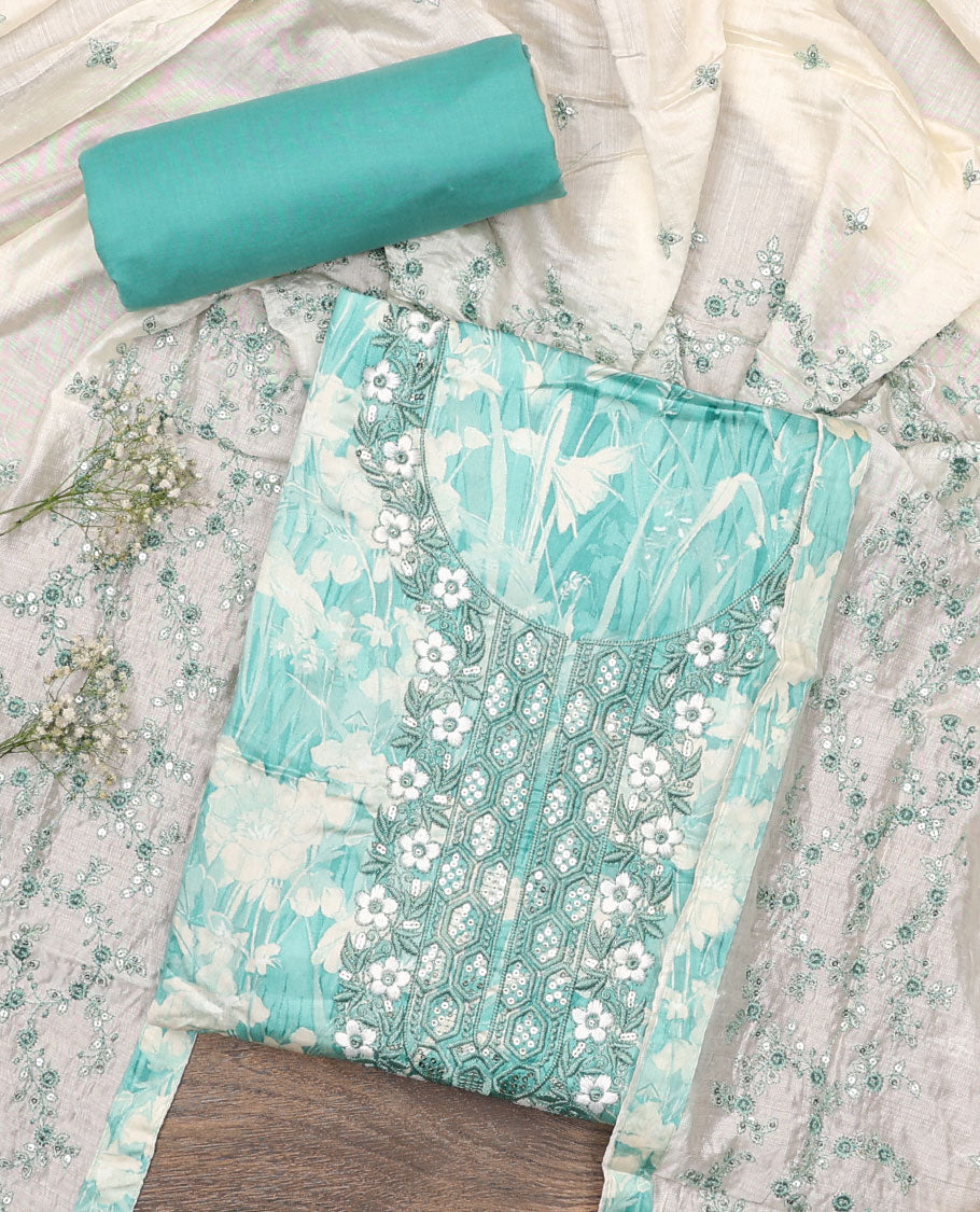 Blue material chudidar set, floral silhouette print and neck embroidered top, plain bottom, and floral jaal embroidered dupatta