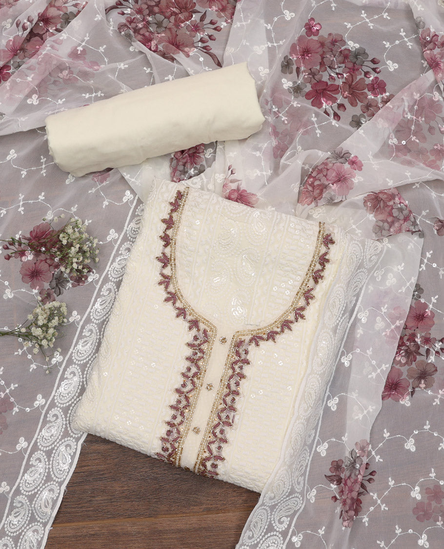 Cream and Pink Material Chudidar Set, Beautified with Chikankari-Style Thread and Sequins Embroidered on Georgette Top, a Plain Santoon Bottom, and Paired with a Floral Print and Chikankari-Style Embroidered Georgette Dupatta