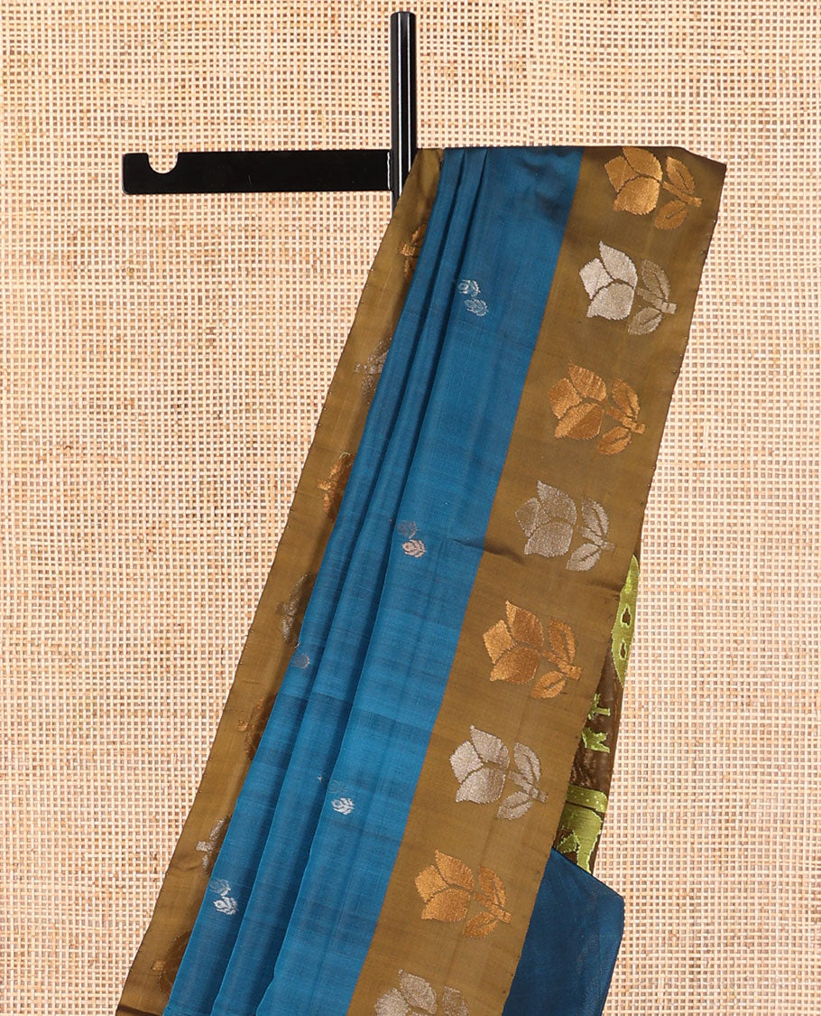 Dark blue floral design uppada saree with contrast flower design border & forest theme design pallu