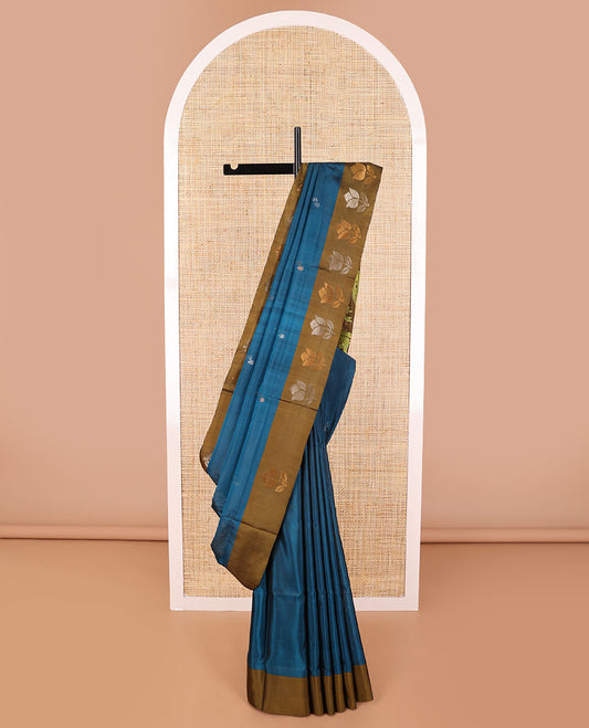 Dark blue  floral design uppada saree with contrast flower design border & forest theme design pallu