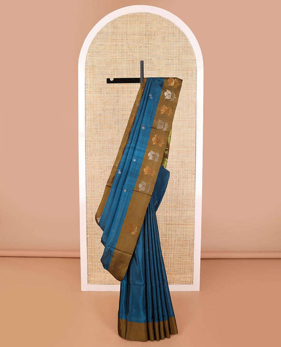 Dark blue floral design uppada saree with contrast flower design border & forest theme design pallu