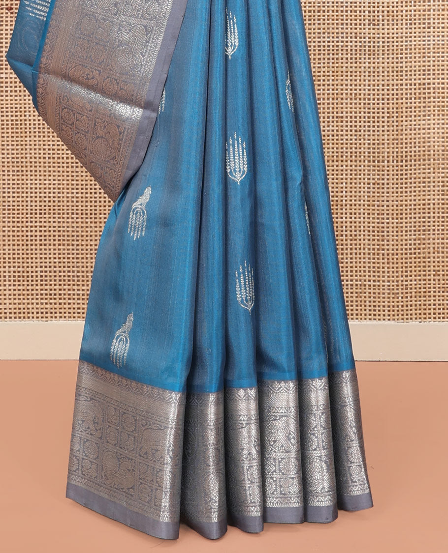 Blue Venkatagiri Silk Saree, Woven with Zari Buttas All Over Its Body, Complemented by a Contrast Traditional Zari Border of Peacock, Elephant, and Chakram Designs, Jaal Design Pallu, and Paired with a Contrast Blouse