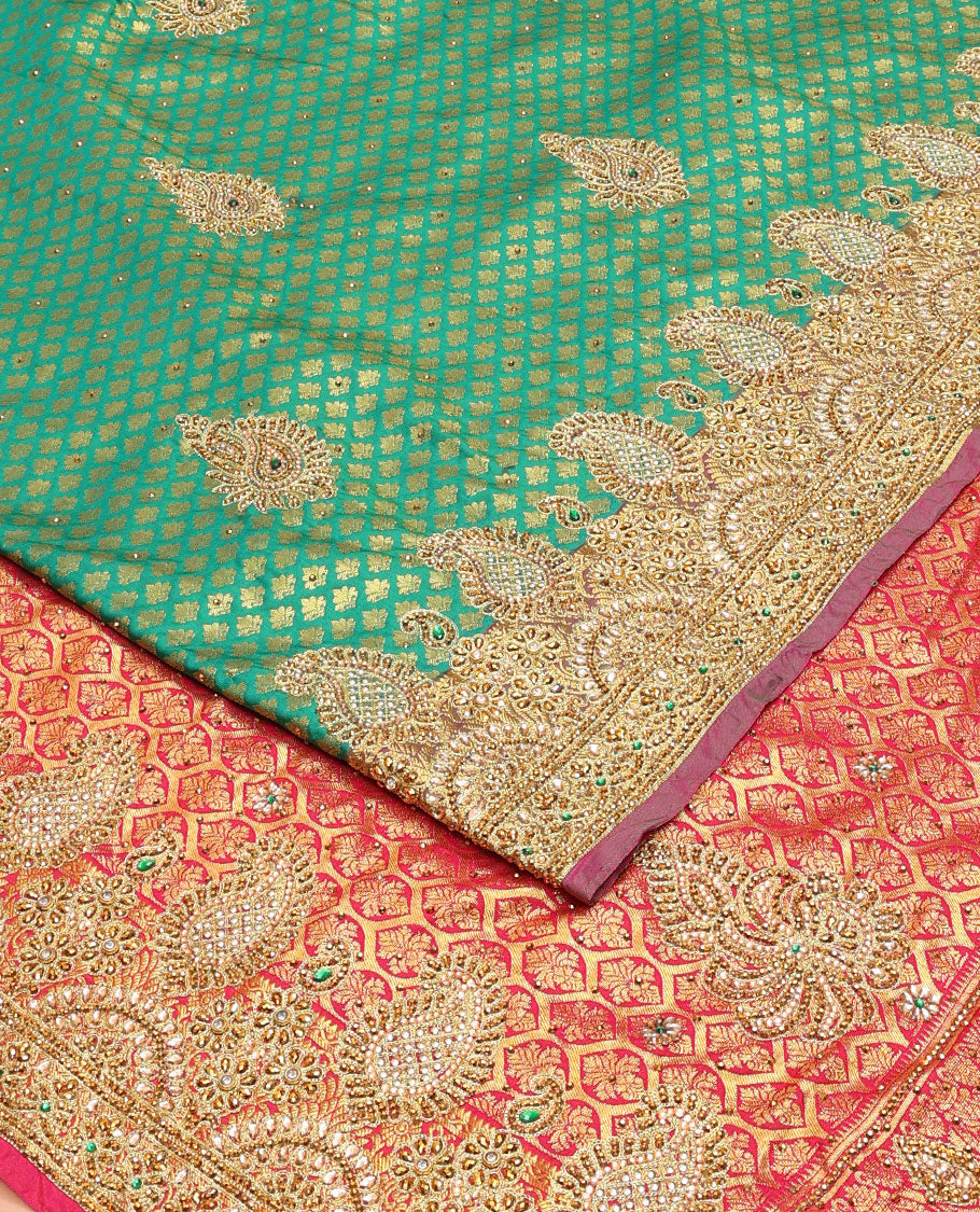 Green jacquard embroidered silk saree, contrast stone embroidered scallop cutwork border & zari woven stone embroidery pallu