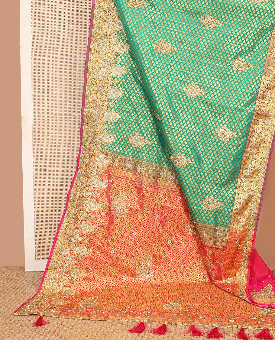 Green jacquard embroidered silk saree, contrast stone embroidered scallop cutwork border & zari woven stone embroidery pallu