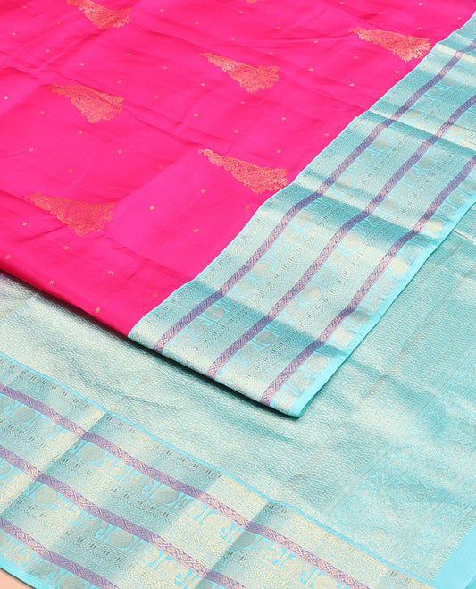Pink zari buttas silk saree, contrast border of neli,poun,yaanai & mayil & pallu of chevron designs