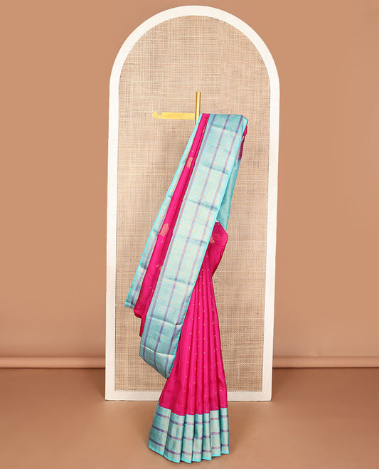 Pink zari buttas silk saree, contrast border of neli,poun,yaanai & mayil & pallu of chevron designs