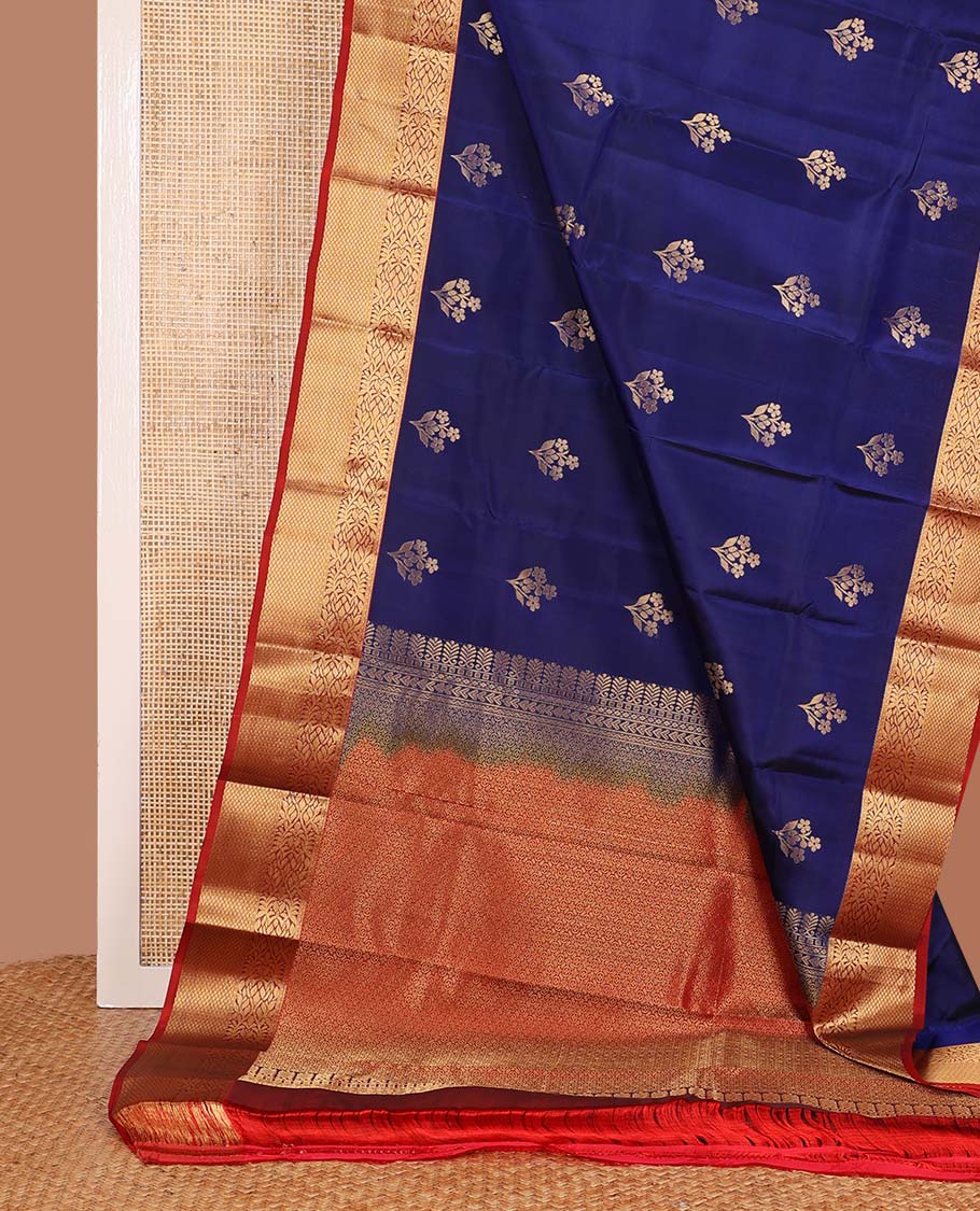Navy blue zari buttas Vasundhara silk mix saree, contrast border of floral vine, and jaal design, and zari design pallu