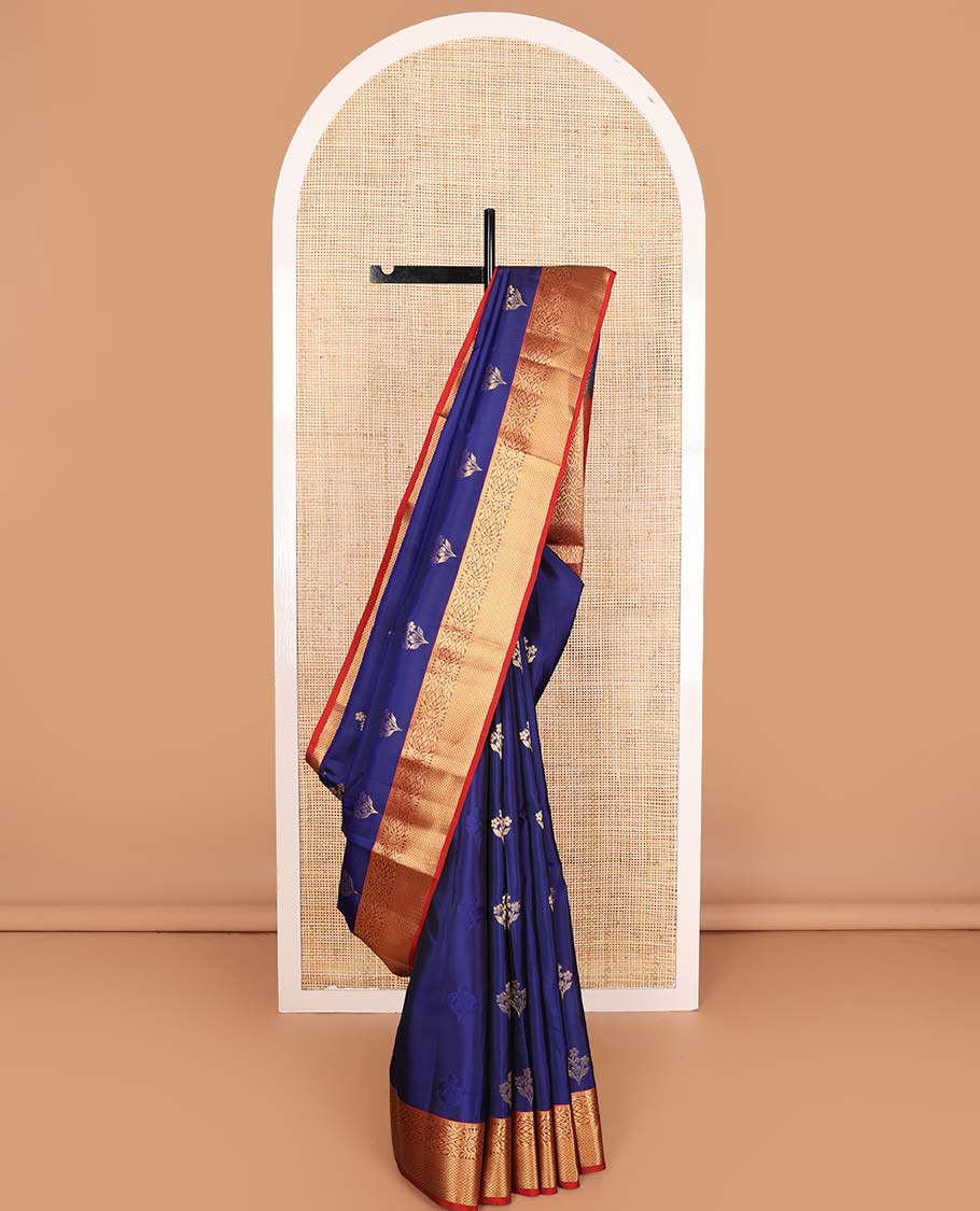 Navy blue zari buttas Vasundhara silk mix saree, contrast border of floral vine, and jaal design, and zari design pallu