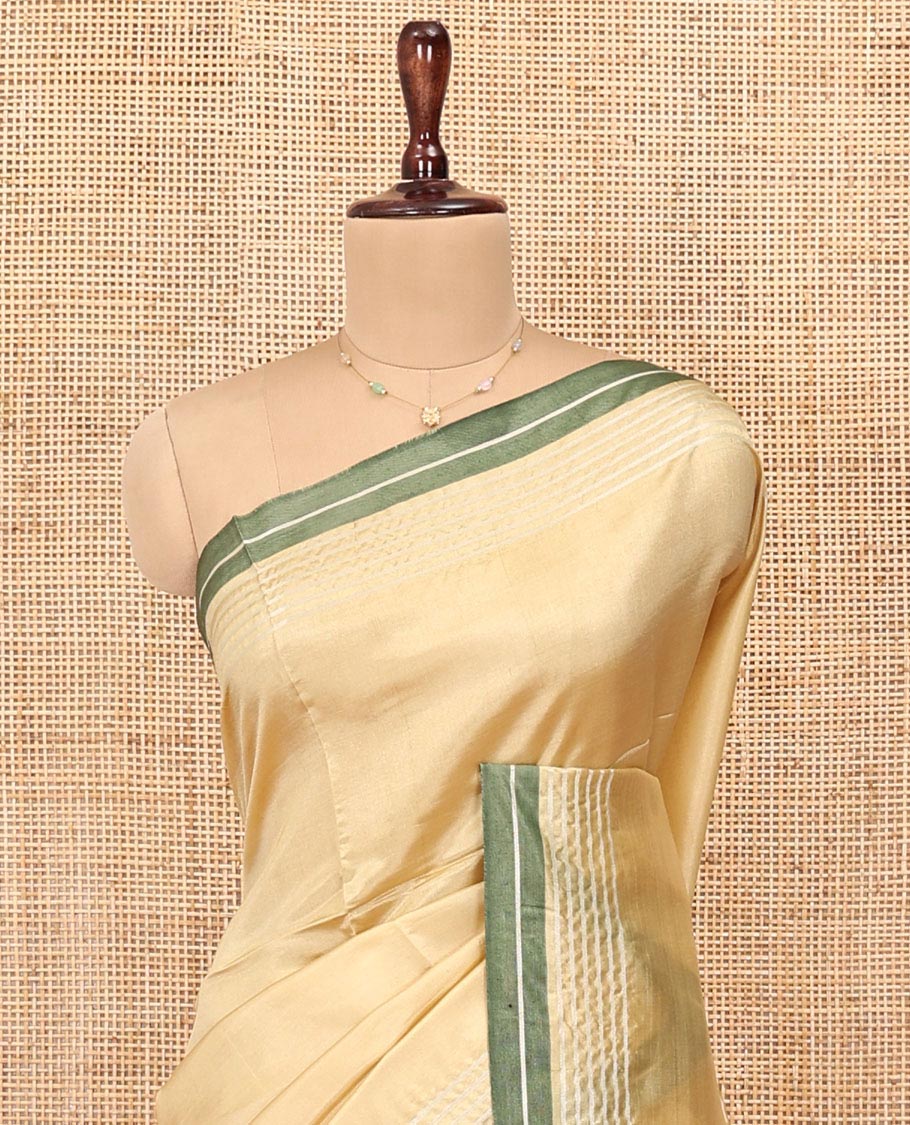 Sandal Plain Banana Pith Saree, Subtle Contrast Striped Border, Pallu Steeped with Stripes, and Paired with a Matching Blouse