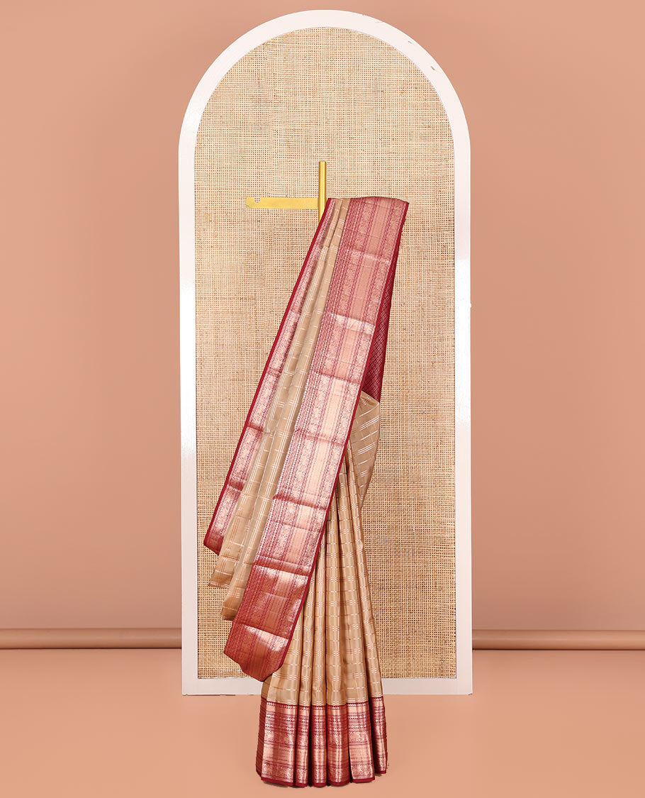 Sandal Vasundhara Silk Saree Elevated with Zari Stripes All Over Its Body, Complemented by a Contrast Border of Manga, Rudraksham, Yaali, Neli, and Muthu Designs, Zari Rich Jaal Pallu, and Paired with a Contrast Blouse