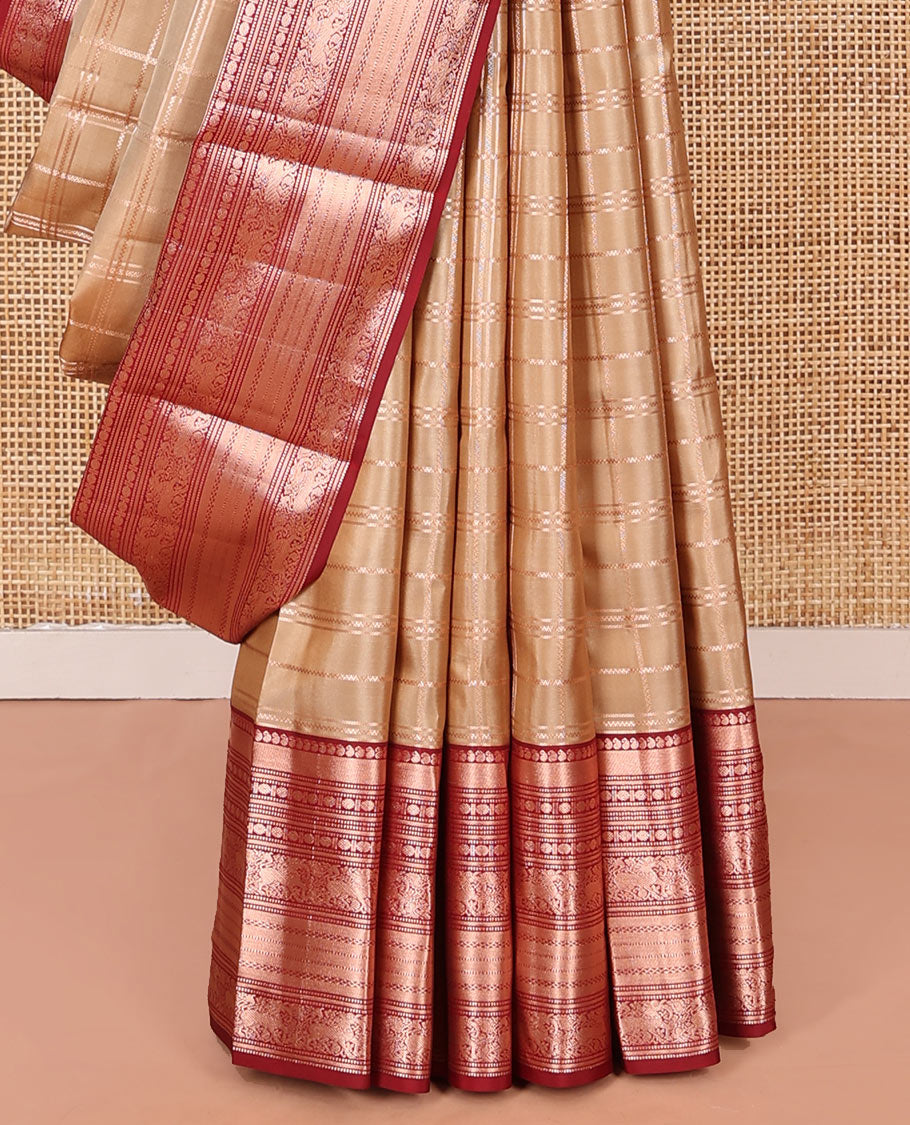 Sandal Vasundhara Silk Saree Elevated with Zari Stripes All Over Its Body, Complemented by a Contrast Border of Manga, Rudraksham, Yaali, Neli, and Muthu Designs, Zari Rich Jaal Pallu, and Paired with a Contrast Blouse