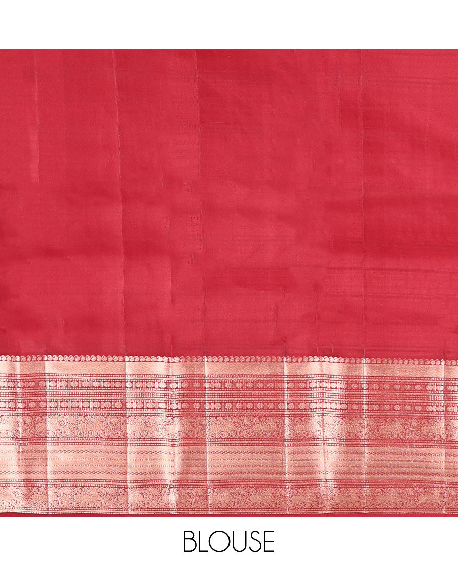 Sandal Vasundhara Silk Saree Elevated with Zari Stripes All Over Its Body, Complemented by a Contrast Border of Manga, Rudraksham, Yaali, Neli, and Muthu Designs, Zari Rich Jaal Pallu, and Paired with a Contrast Blouse