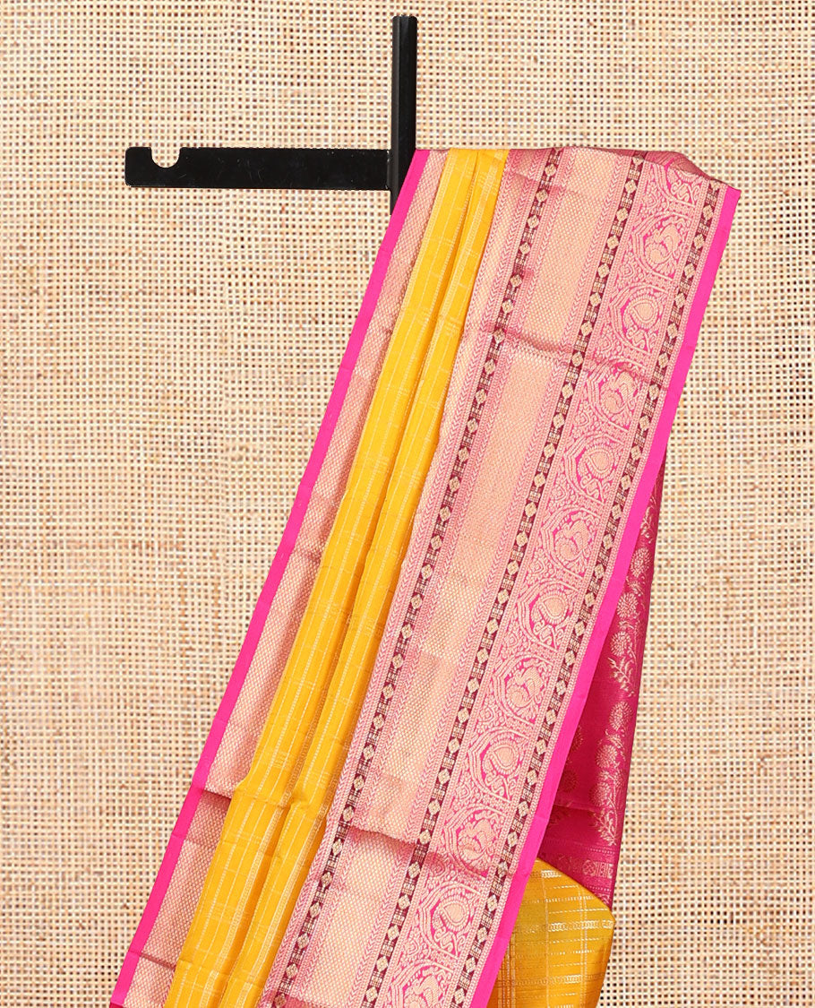 Yellow Vasundhara Silk Saree, Sparsely Threaded with Zari Checks, a Contrast Border of Kathir, Kuyil Kann, Manga, and Mayil Designs, Floral Design Pallu, and a Contrast Blouse