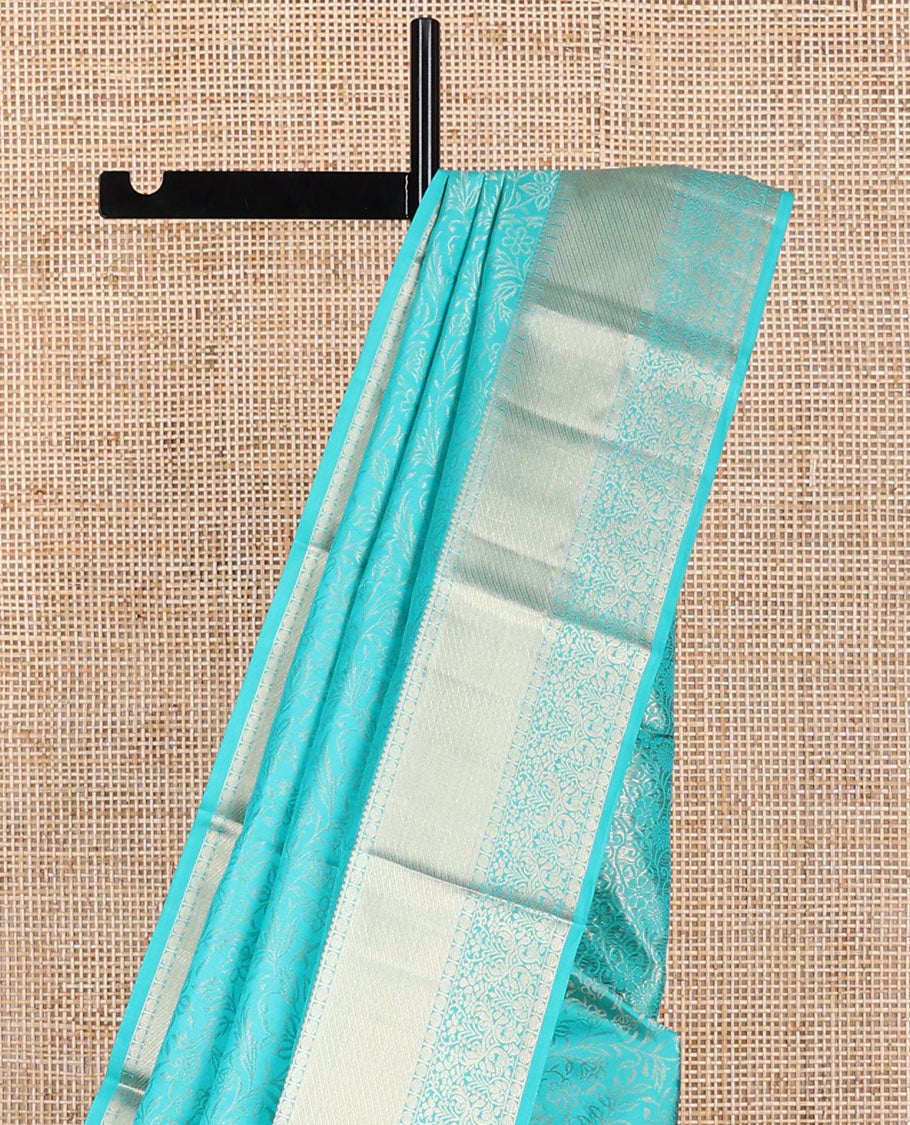 Blue floral design kancheepuram silk saree with self border of rekku, paun design & zari design pallu