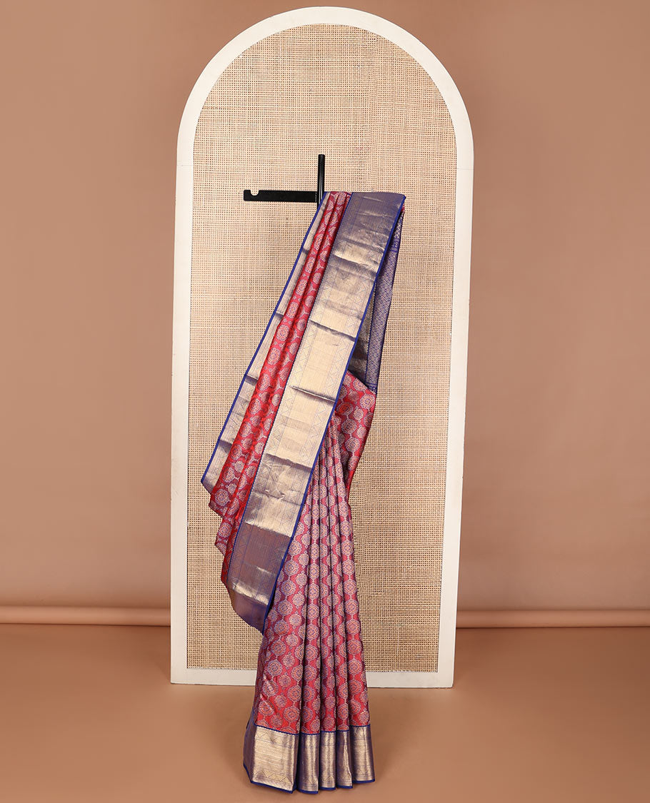 Red ajrakh-style jacquard wedding silk saree, contrast jaal pallu & border of geometric patterns