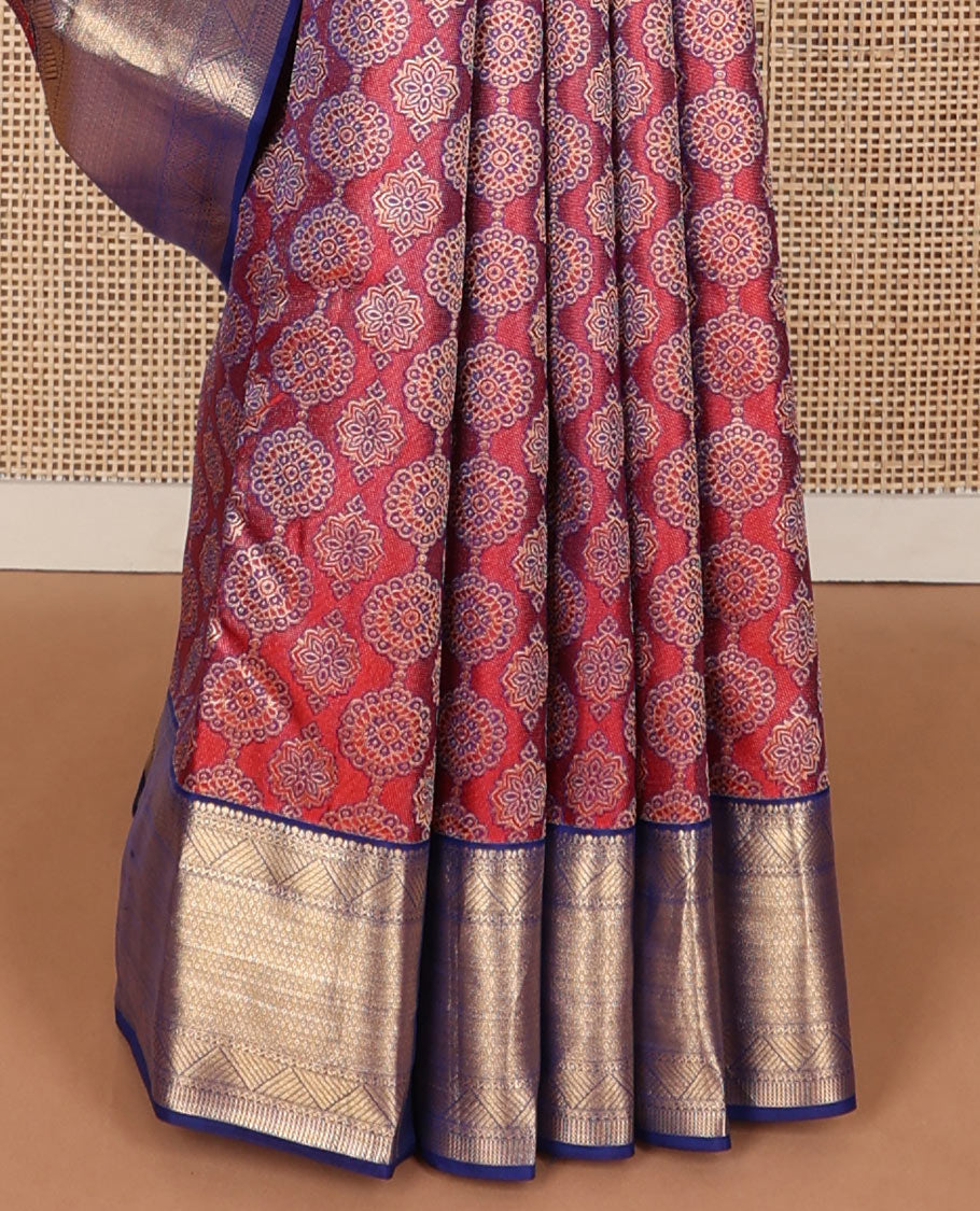 Red ajrakh-style jacquard wedding silk saree, contrast jaal pallu & border of geometric patterns
