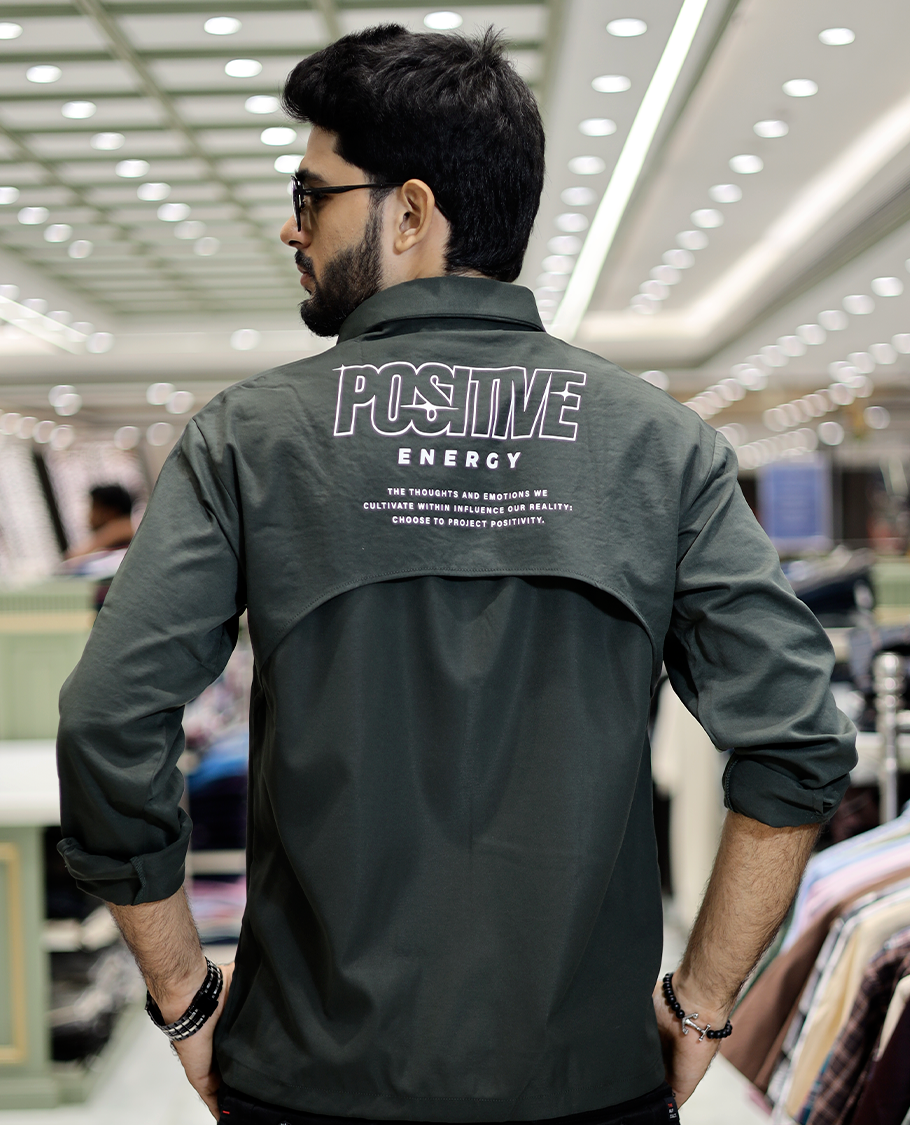 Green Poly-Blended Back Flap Casual Shirt