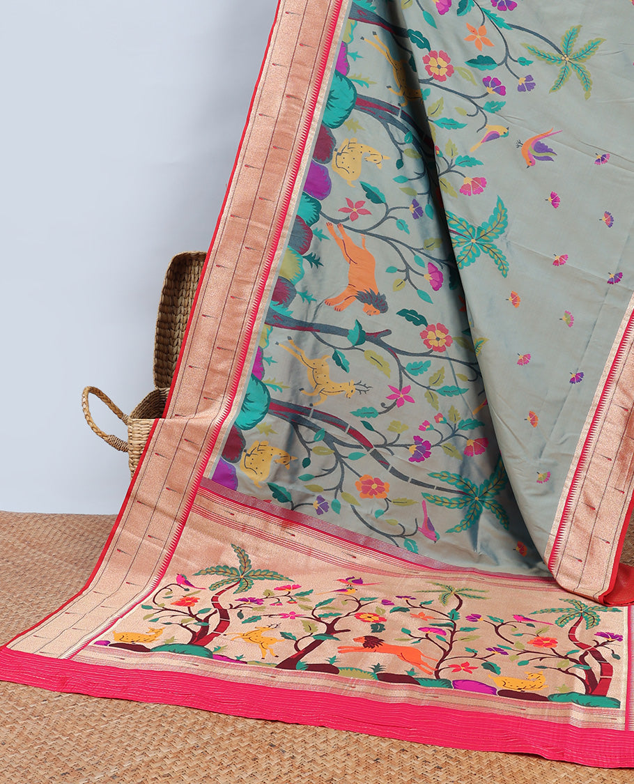 Grey Semi banaras paithani saree with multi-color floral,deer,lion & bird motifs,muniya border & pallu mirrors design