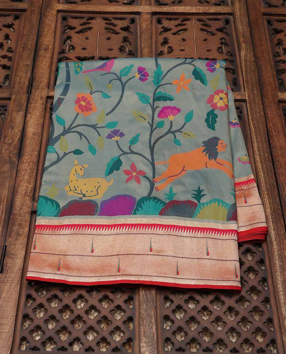 Grey Semi banaras paithani saree with multi-color floral,deer,lion & bird motifs,muniya border & pallu mirrors design