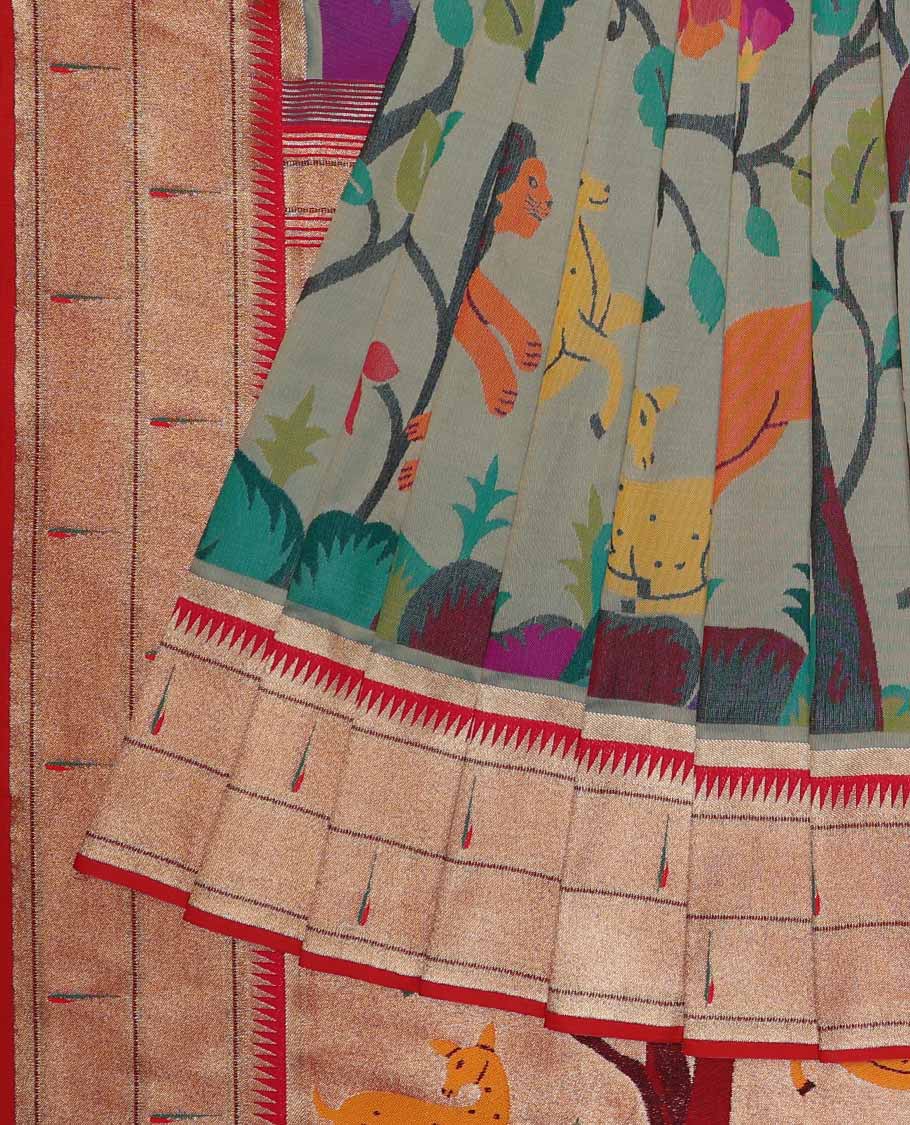 Grey Semi banaras paithani saree with multi-color floral,deer,lion & bird motifs,muniya border & pallu mirrors design