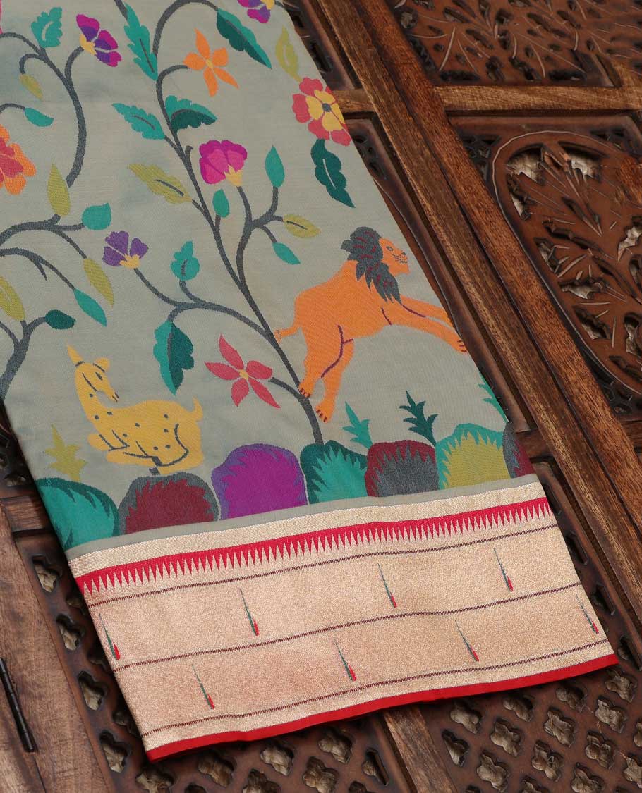 Grey Semi banaras paithani saree with multi-color floral,deer,lion & bird motifs,muniya border & pallu mirrors design