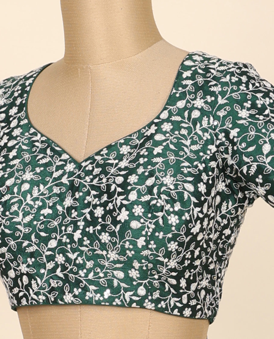 Green floral vine thread embroidered front & back leaf-neck raw-silk readymade half-sleeve blouse