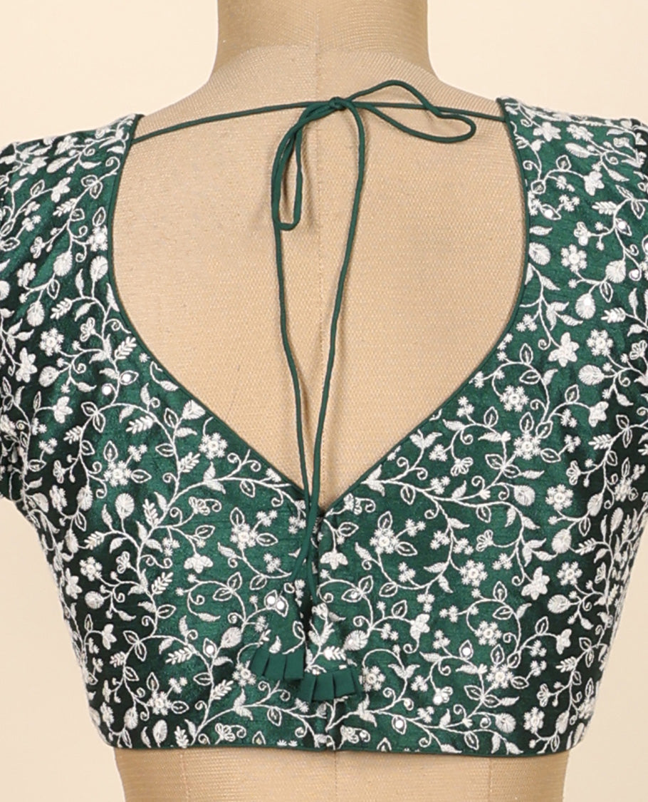 Green floral vine thread embroidered front & back leaf-neck raw-silk readymade half-sleeve blouse