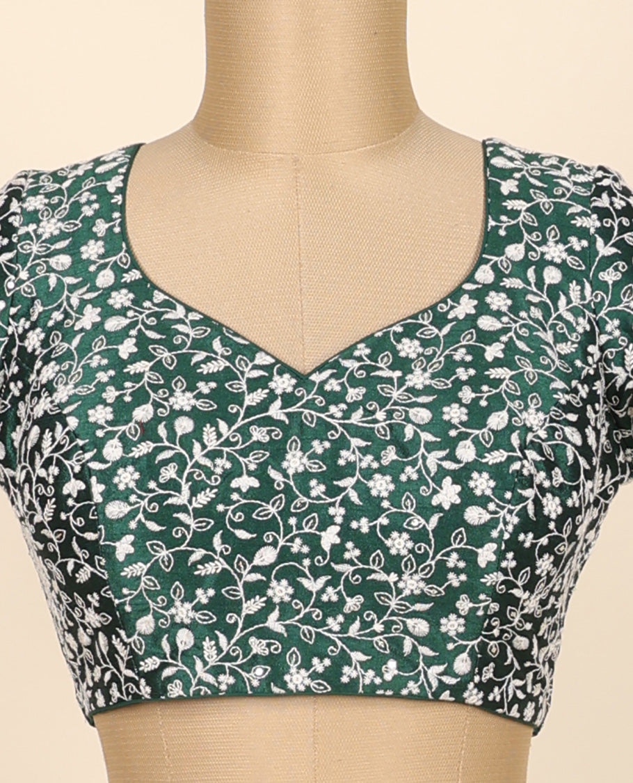 Green floral vine thread embroidered front & back leaf-neck raw-silk readymade half-sleeve blouse