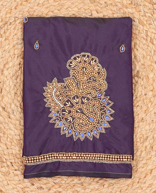 Deep blue intricately Aari embroidered Raw-silk blouse material