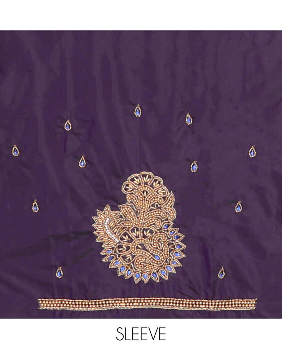 Deep blue intricately Aari embroidered Raw-silk blouse material