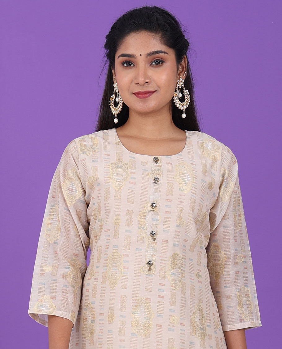 Light sandal uniquely designed round-neck & 3/4th sleeve cotton straight-cut below-knee kurti