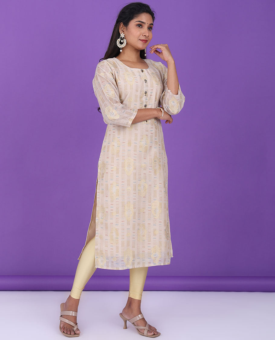 Light sandal uniquely designed round-neck & 3/4th sleeve cotton straight-cut below-knee kurti