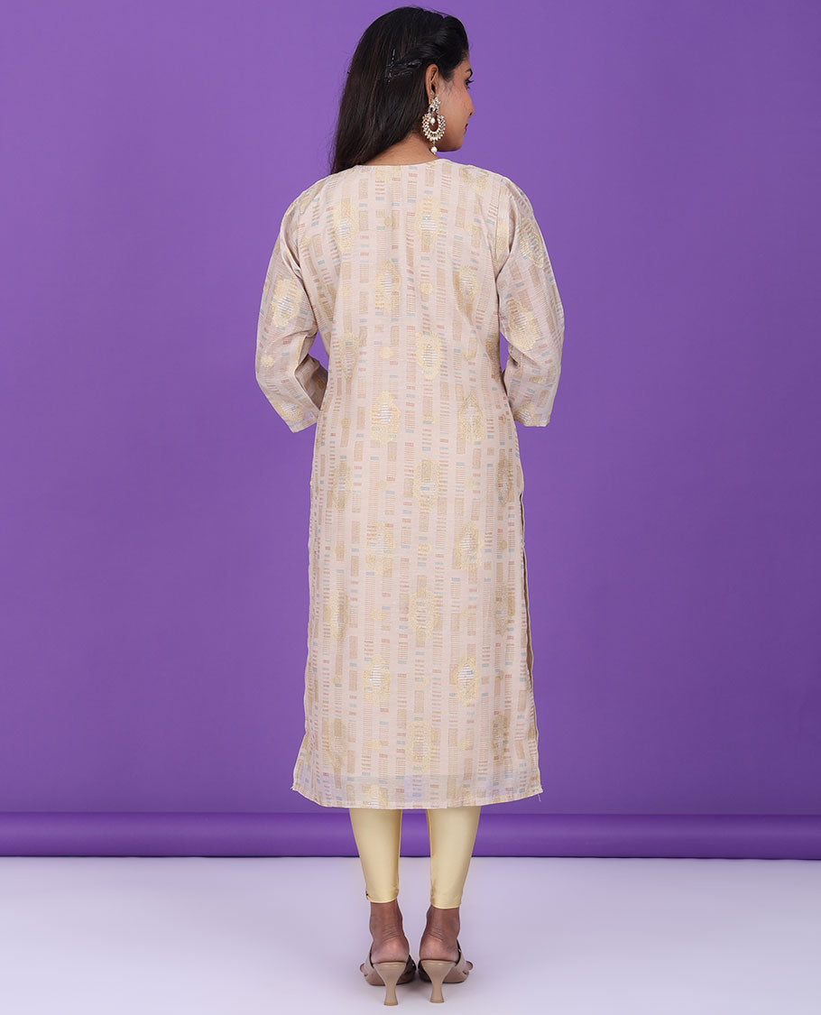 Light sandal uniquely designed round-neck & 3/4th sleeve cotton straight-cut below-knee kurti