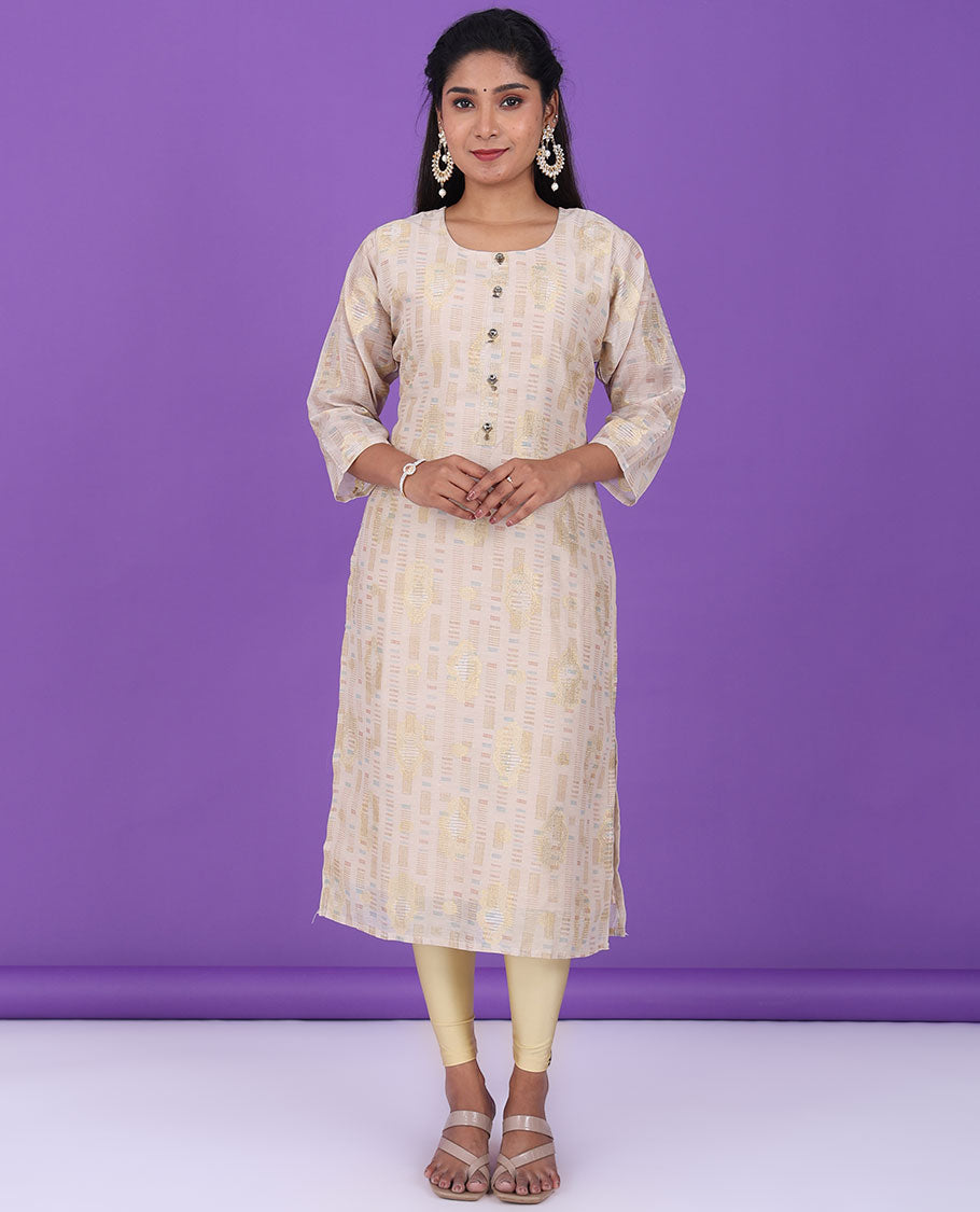 Light sandal uniquely designed round-neck & 3/4th sleeve cotton straight-cut below-knee kurti