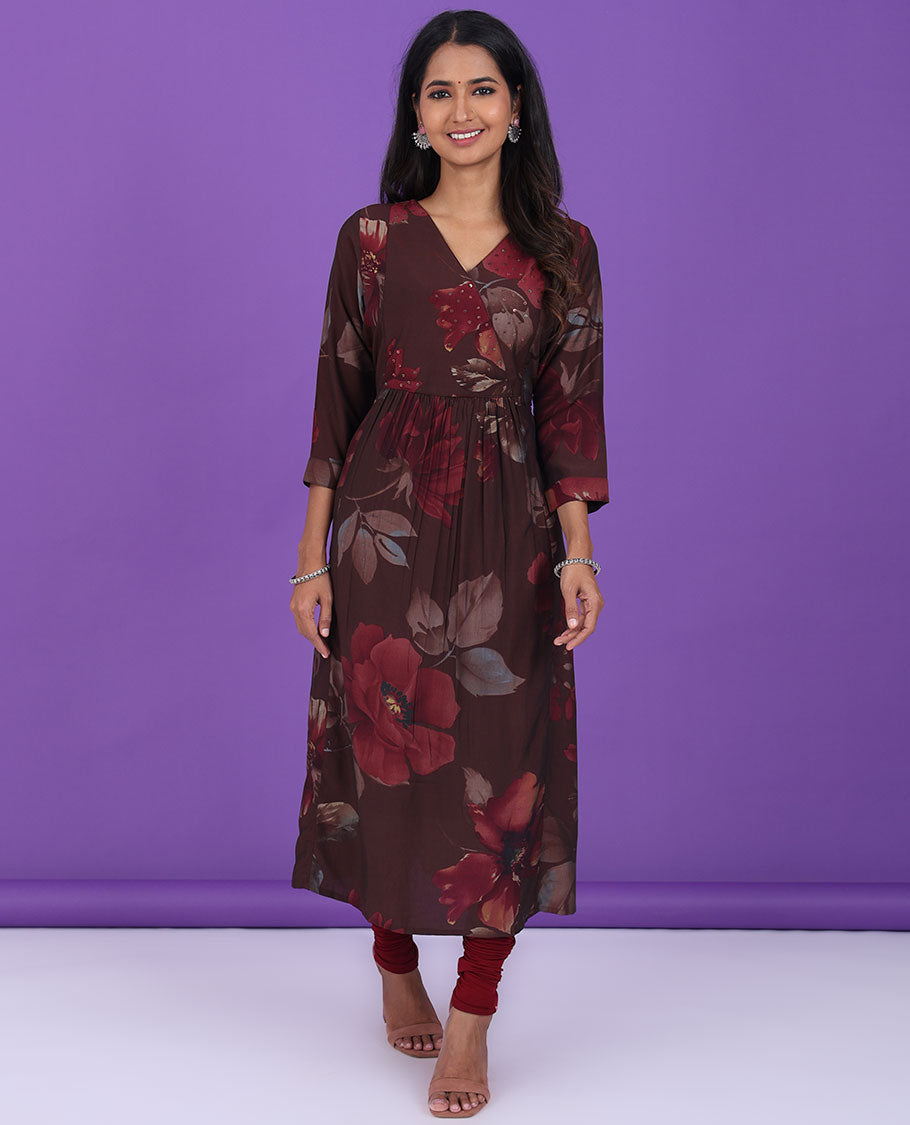 Brown floral printed & embroidery v-neck & 3/4th sleeve semi-crepe a-line below-knee kurti