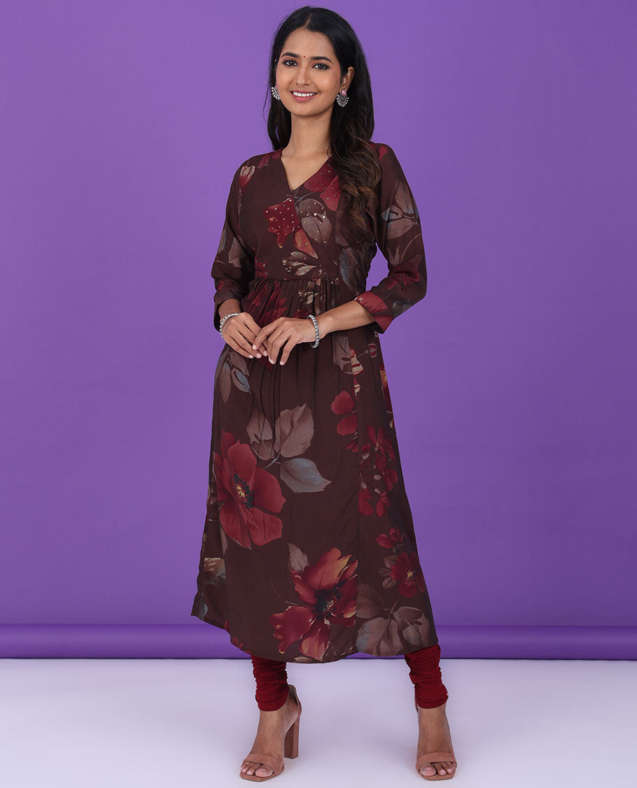 Brown floral printed & embroidery v-neck & 3/4th sleeve semi-crepe a-line below-knee kurti
