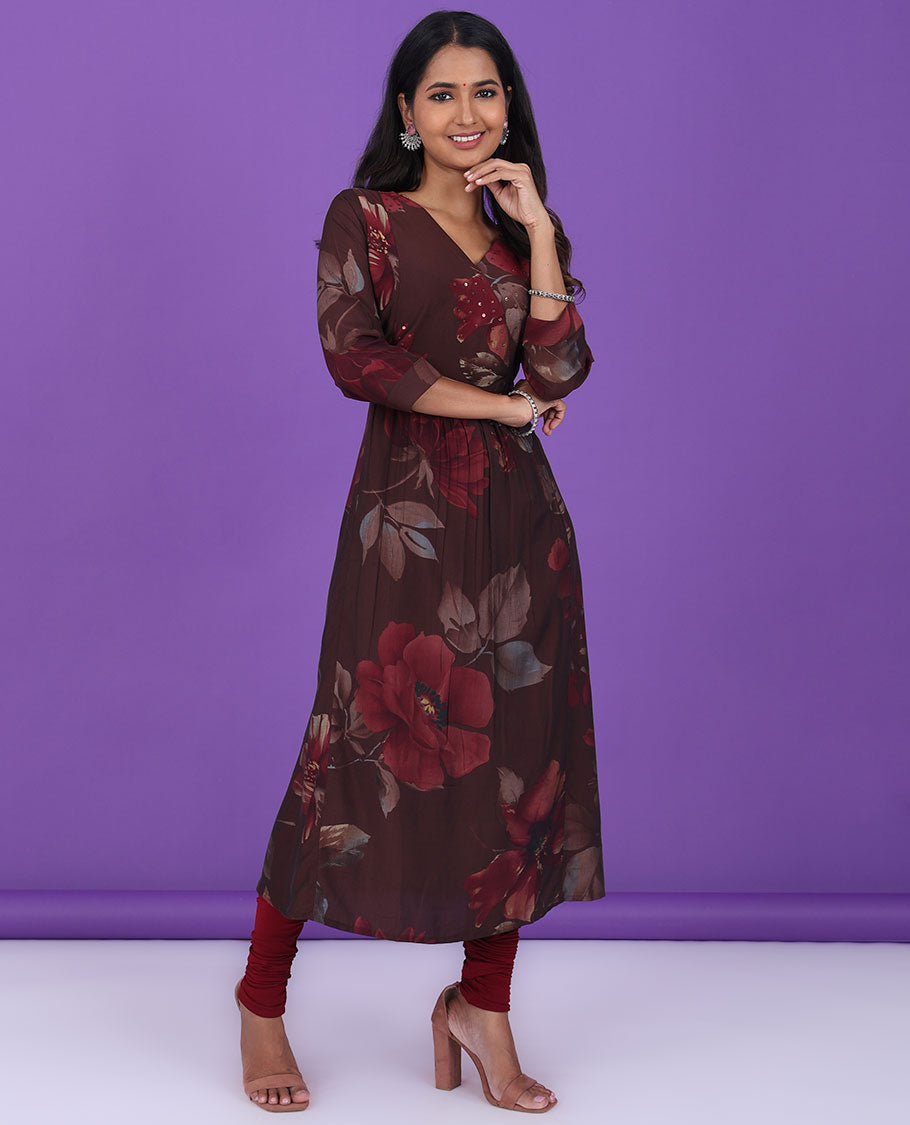 Brown floral printed & embroidery v-neck & 3/4th sleeve semi-crepe a-line below-knee kurti