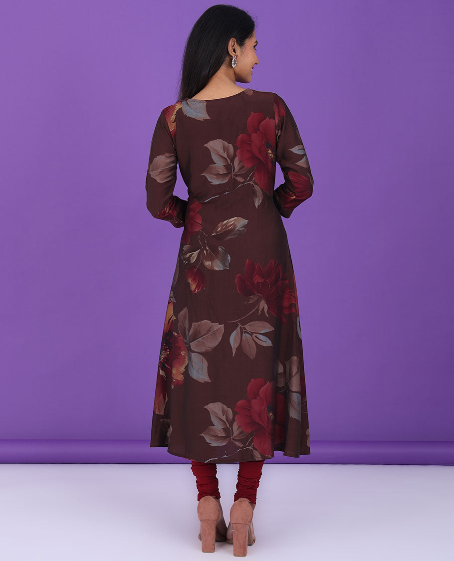 Brown floral printed & embroidery v-neck & 3/4th sleeve semi-crepe a-line below-knee kurti