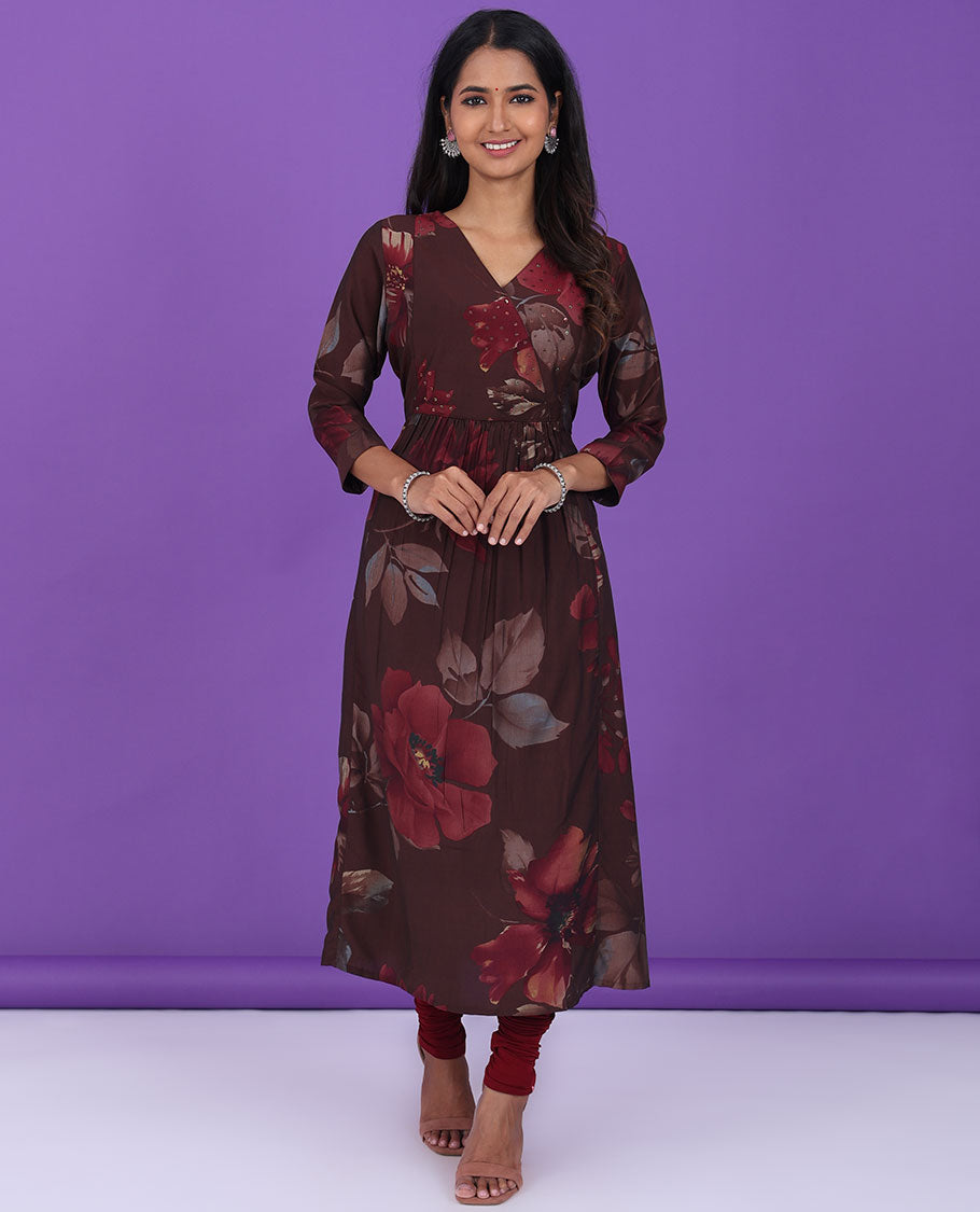 Brown floral printed & embroidery v-neck & 3/4th sleeve semi-crepe a-line below-knee kurti