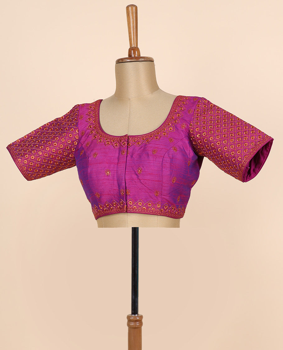 Pink intricate thread embroidereḍ front & back deep round-neck raw-silk readymade sleeveless blouse