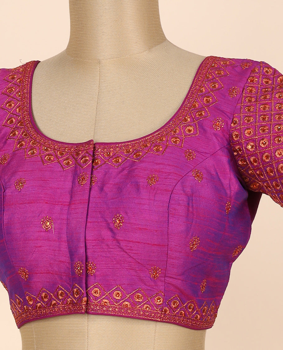 Pink intricate thread embroidereḍ front & back deep round-neck raw-silk readymade sleeveless blouse