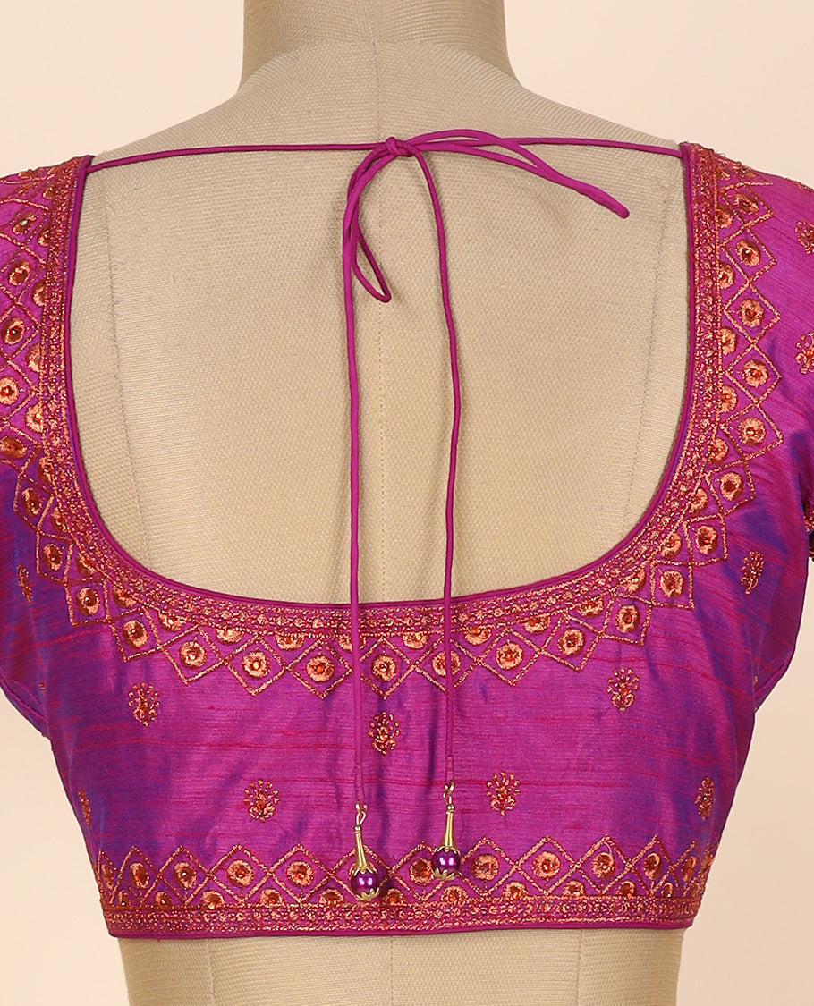 Pink intricate thread embroidereḍ front & back deep round-neck raw-silk readymade sleeveless blouse