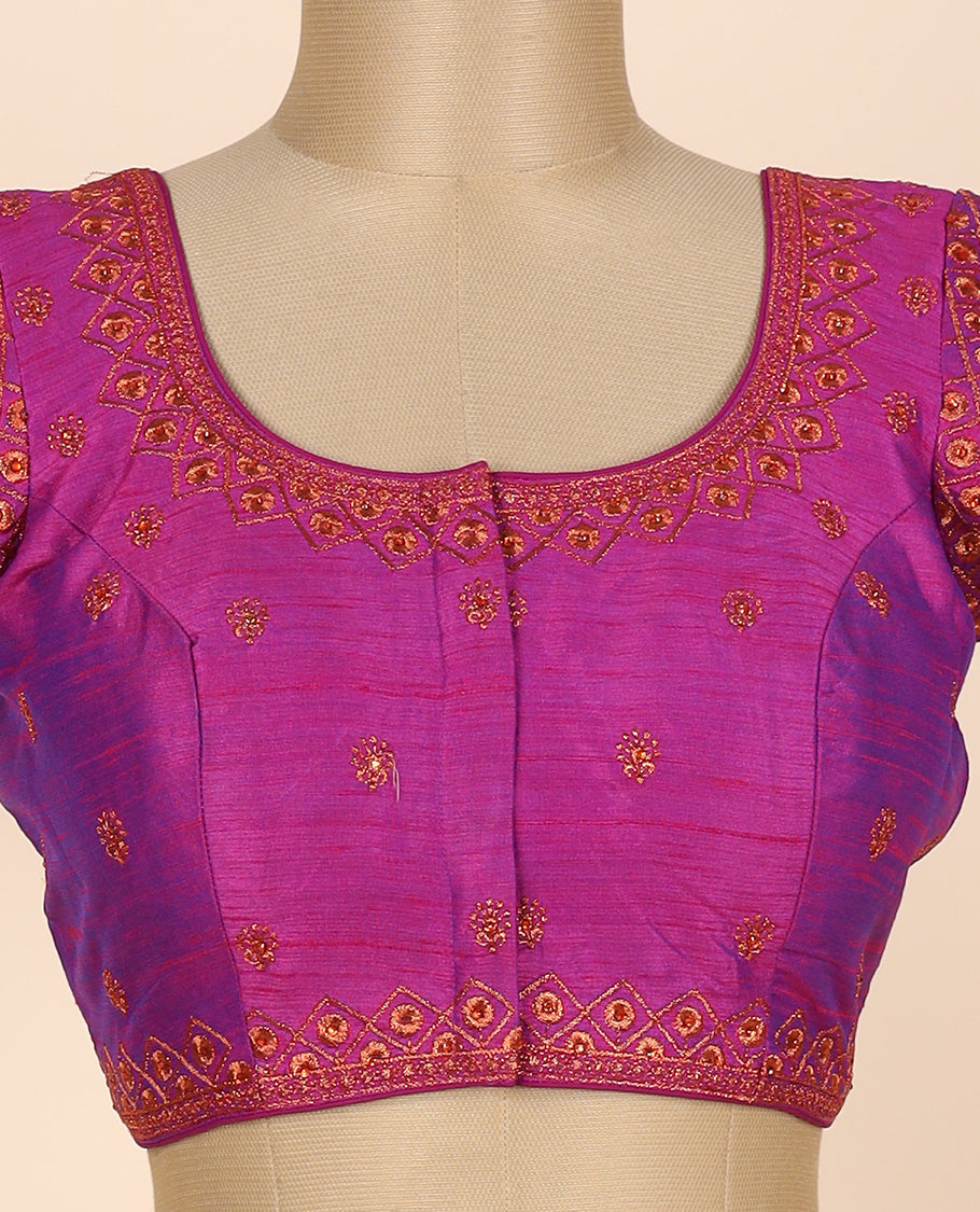 Pink intricate thread embroidereḍ front & back deep round-neck raw-silk readymade sleeveless blouse