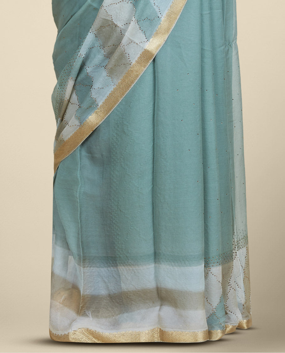 Green leheriya-style printed pure chiffon saree with micro-stonework all over the saree, chevron design border