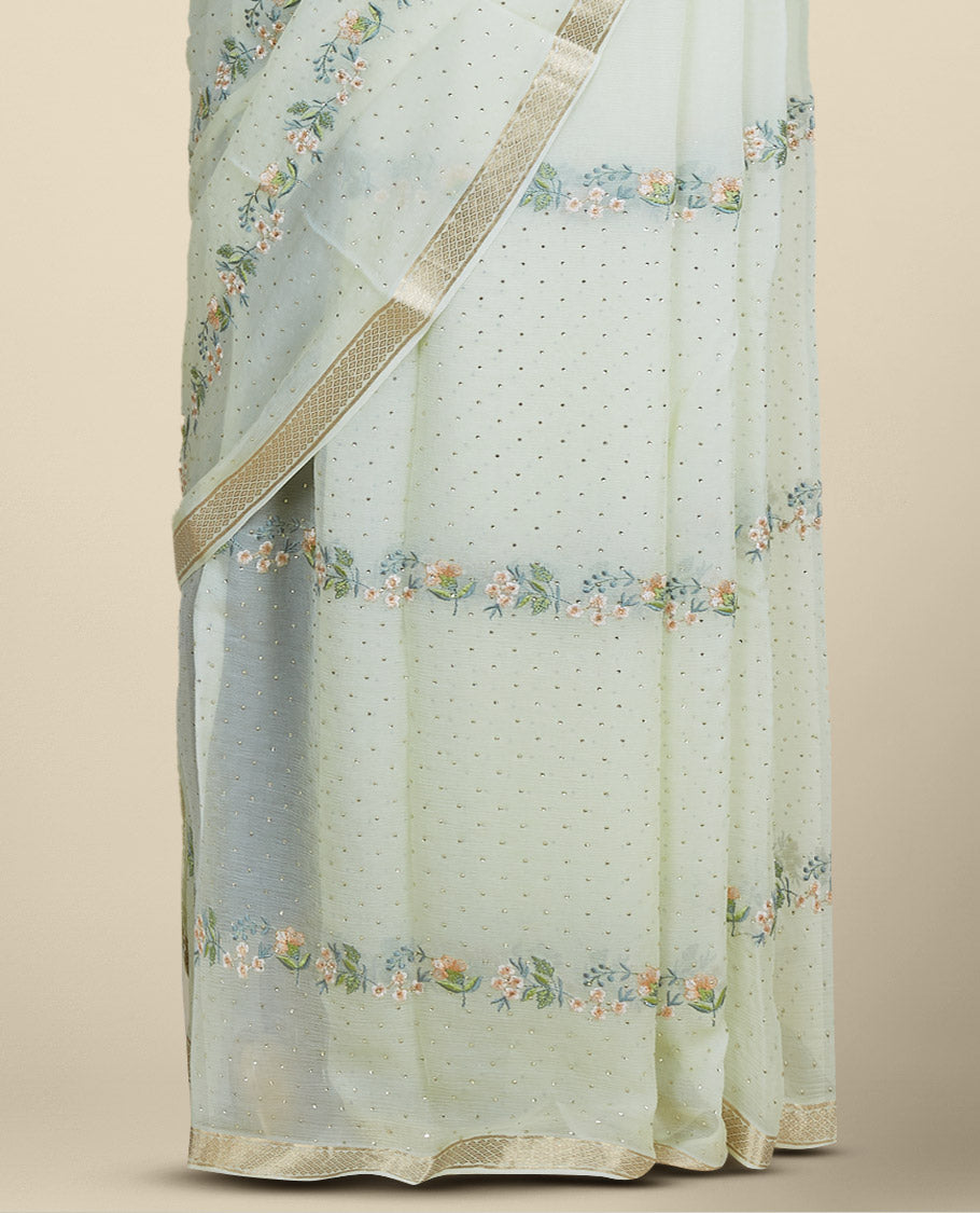 Green embroidered pure chiffon saree with floral designs & micro-stonework all over the saree, zari border