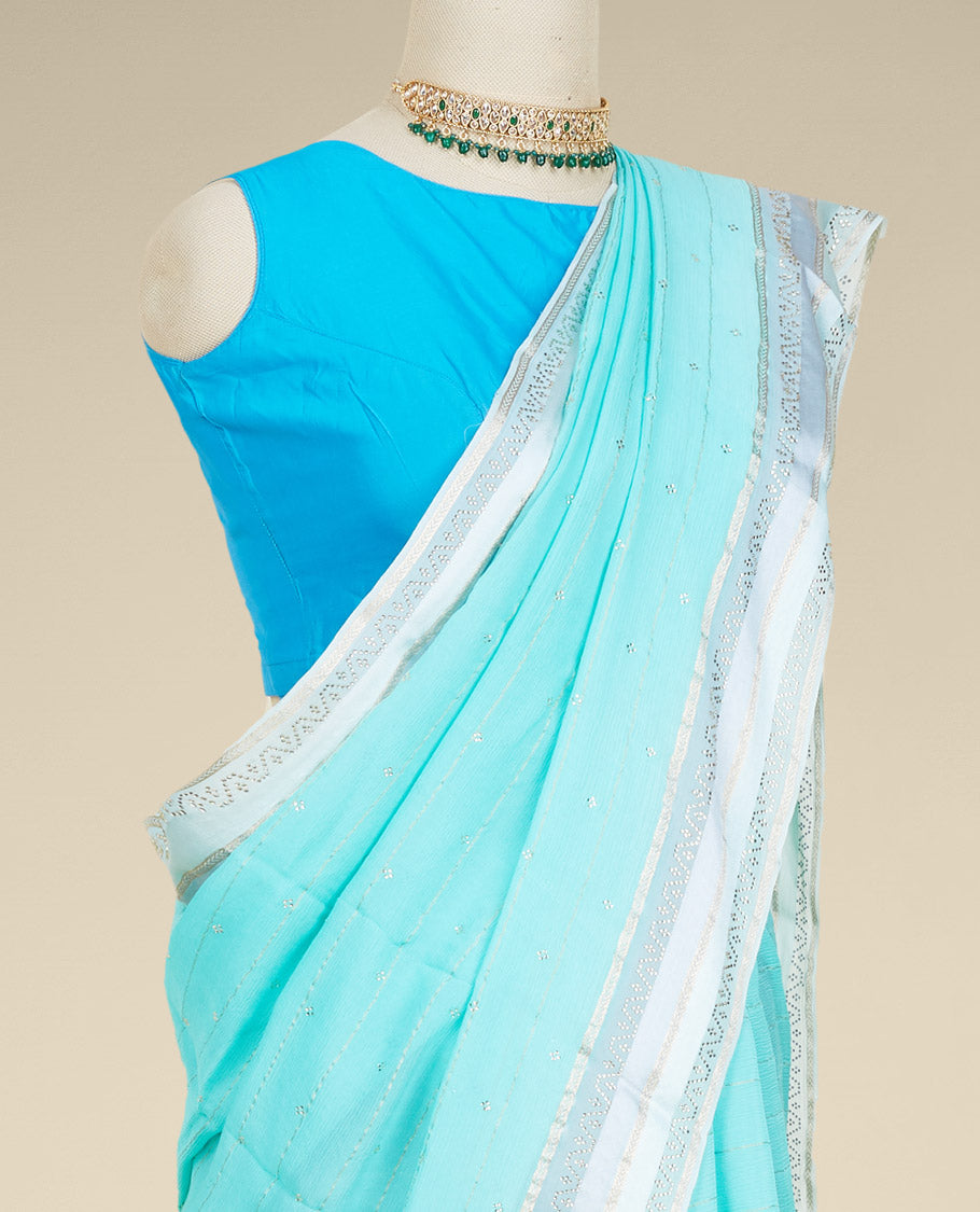 Blue striped pure chiffon saree with all-over micro stone embroidery, contrast border of micro stone work