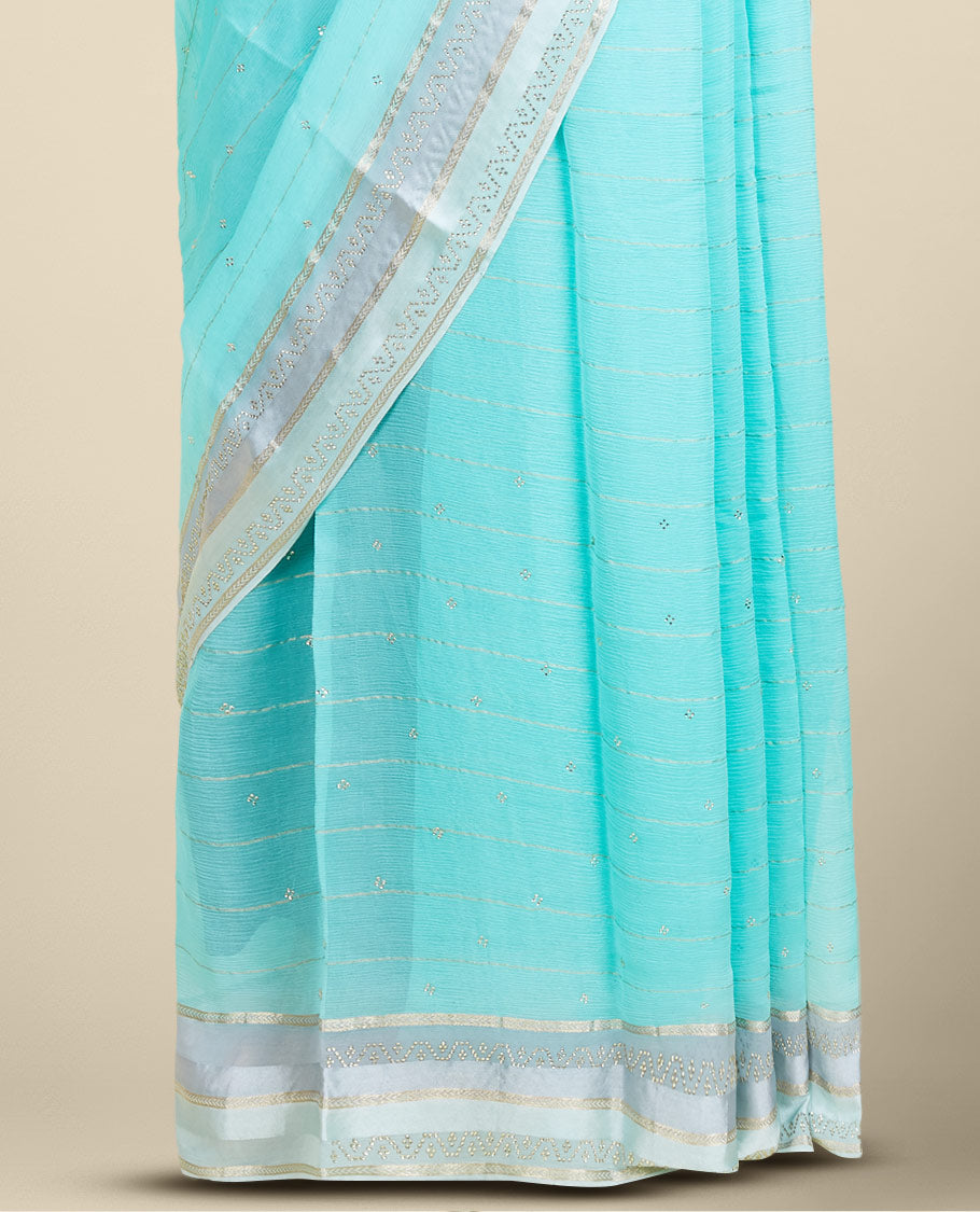 Blue striped pure chiffon saree with all-over micro stone embroidery, contrast border of micro stone work