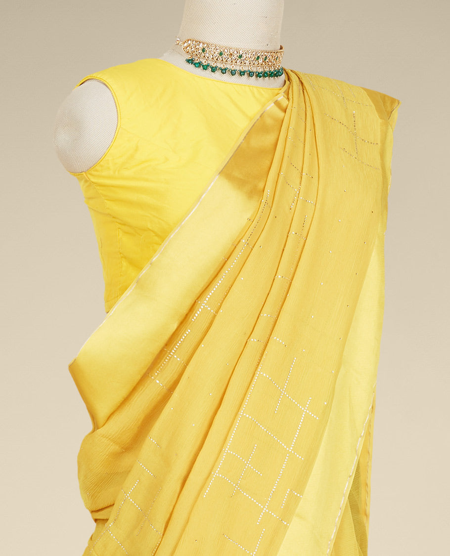 Mustard yellow embroidery pure chiffon saree with geometric patterns in micro stones, plain border